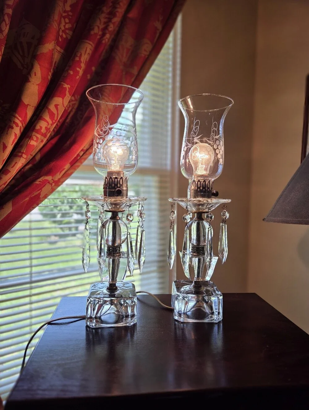 Vintage /Antique Pair of Boudoir Mantle Crystal Prisms Hurricane Table Lamps